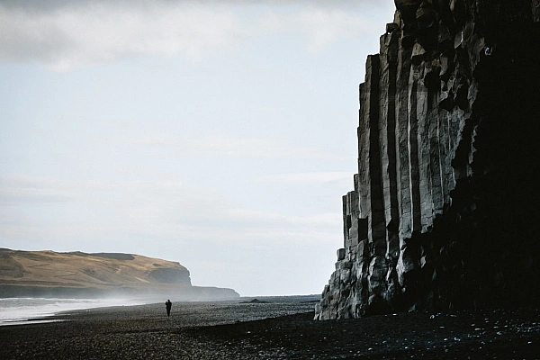 Reynisfjara Black sand beach on the South coast of Iceland with basalt columns.