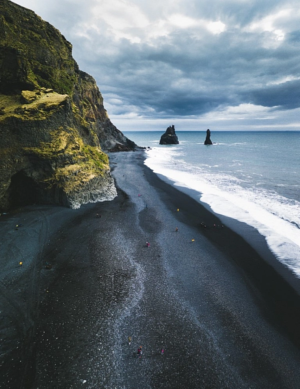 Reynisfjara Black sand beach and Reynisdrangar on the South coast of Iceland.